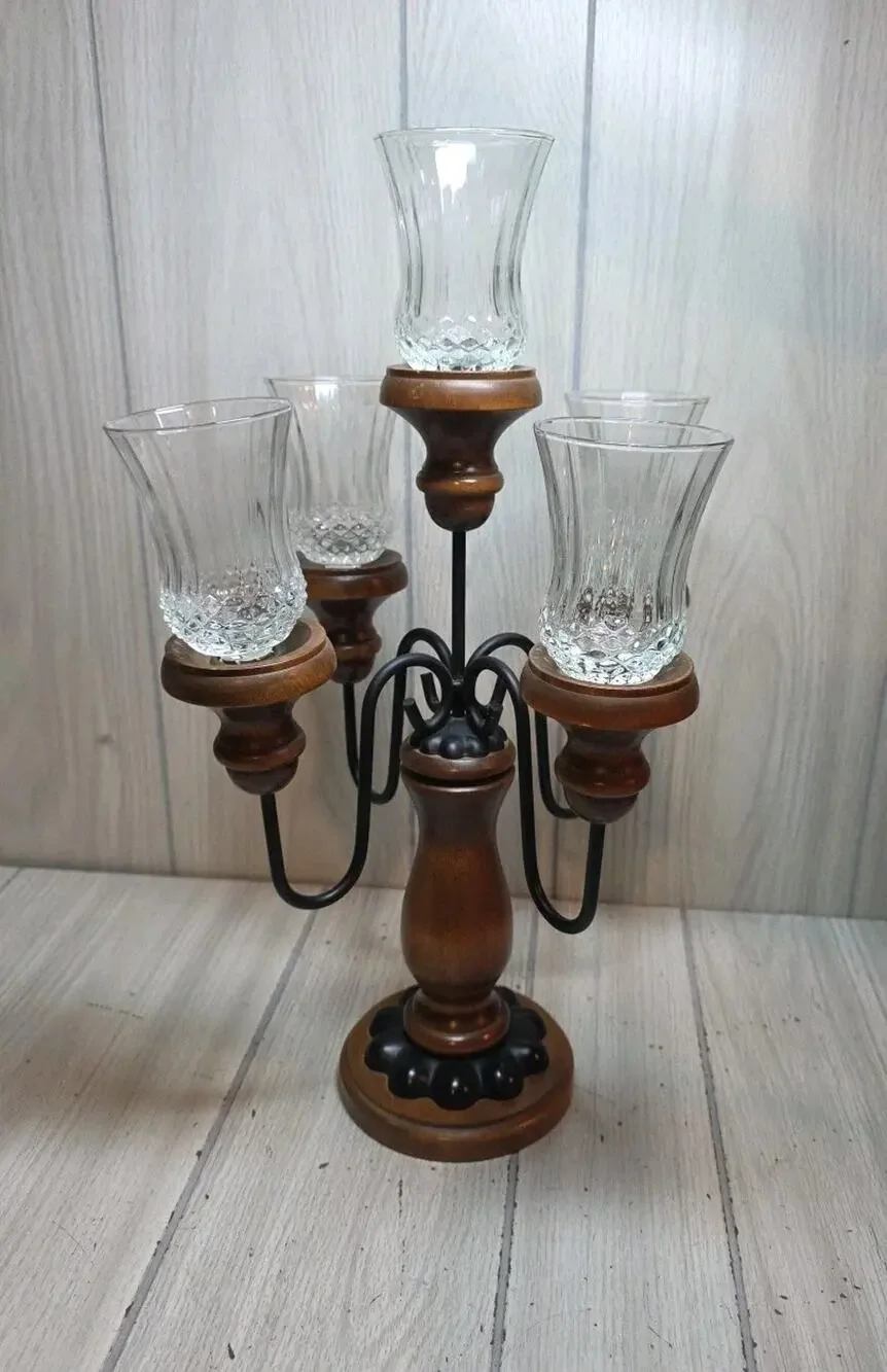Vtg 60s/70s Wood And Wrought Iron Candelabra 5 Arm Gothic Candle Votives 19.5”